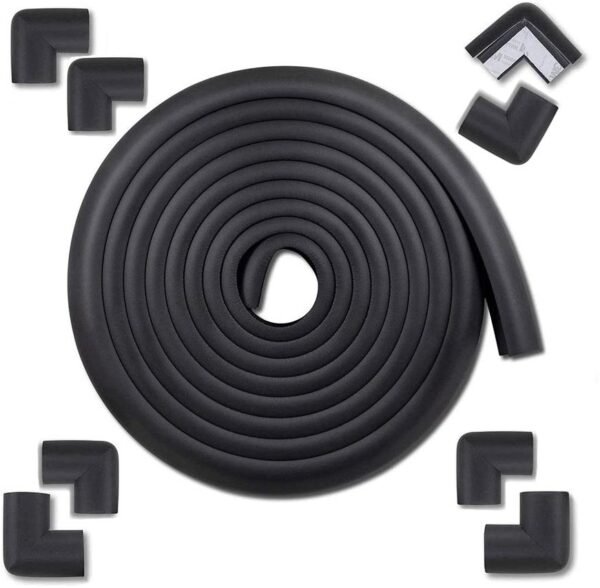 Vee Seven Premium Baby Safety Edge Guard & Corner Guards Kit - Extra Thick 3.5cm x 1.2cm - 4 Meter Roll with 8 Pre-Taped Corners - Black Color | Food-Graded | Shock Absorbing - Babyproof Your Home Safely!"