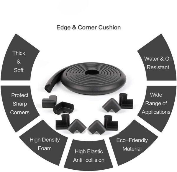Vee Seven Premium Baby Safety Edge Guard & Corner Guards Kit - Extra Thick 3.5cm x 1.2cm - 4 Meter Roll with 8 Pre-Taped Corners - Black Color | Food-Graded | Shock Absorbing - Babyproof Your Home Safely!"